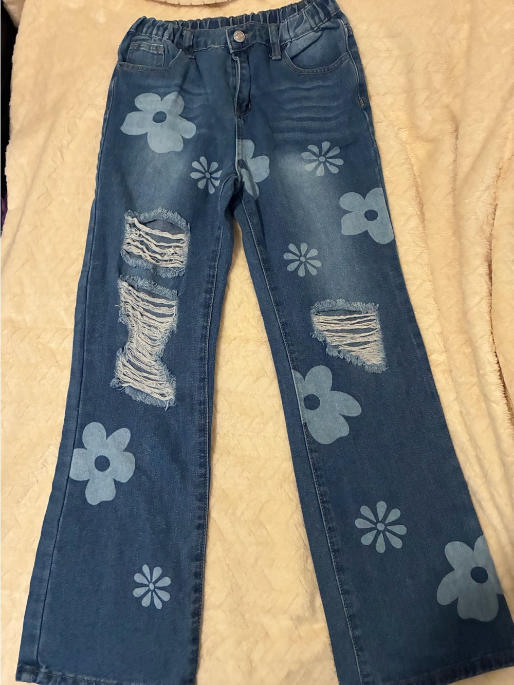 SHEIN Blue Floral Wide-Leg Distressed Jeans